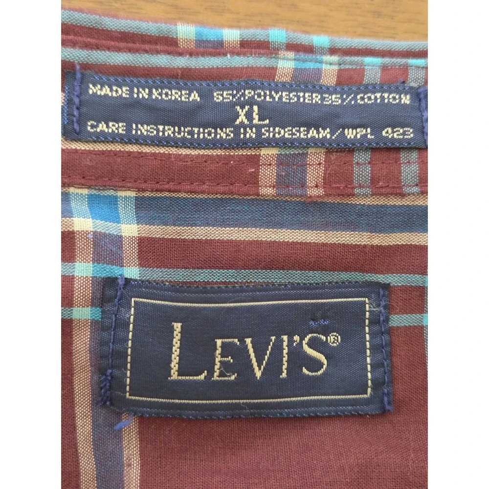 Men's Vtg Levi's Button Down Shirt Plaid Long Sleeve Sz‎ Xl Burgundy
